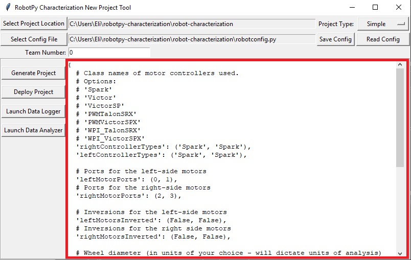 Using the robot characterization configuration editor