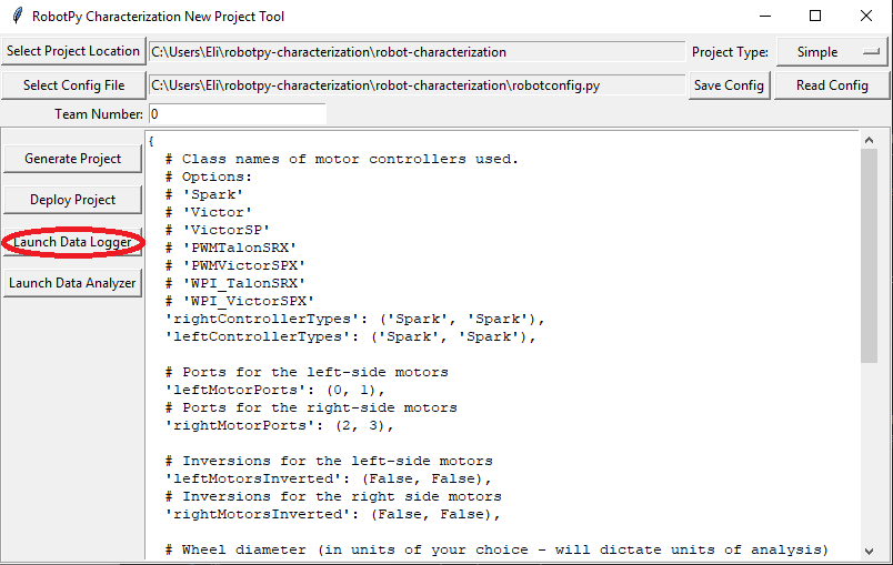 The Launch Data Logger button