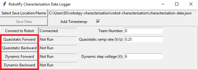 Quasistatic Forward, Quasistatic Backward, Dynamic Forward, Dynamic Backward buttons
