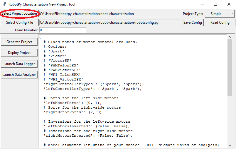 Selecting the project location in the robot characterization GUI