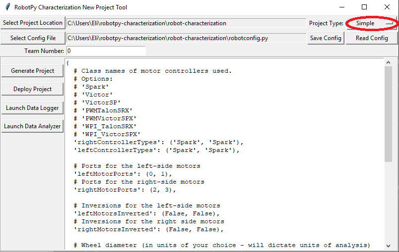 Selecting the project type in the robot characterization GUI