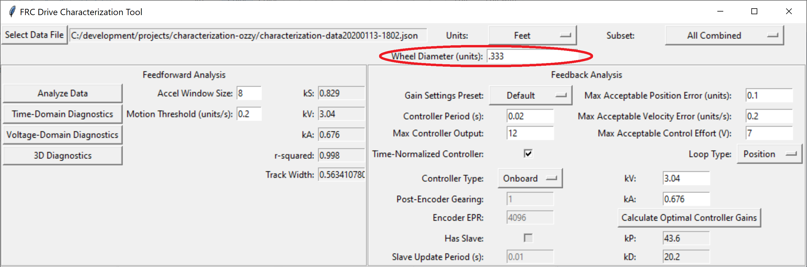 Setting wheel diameter in specified units