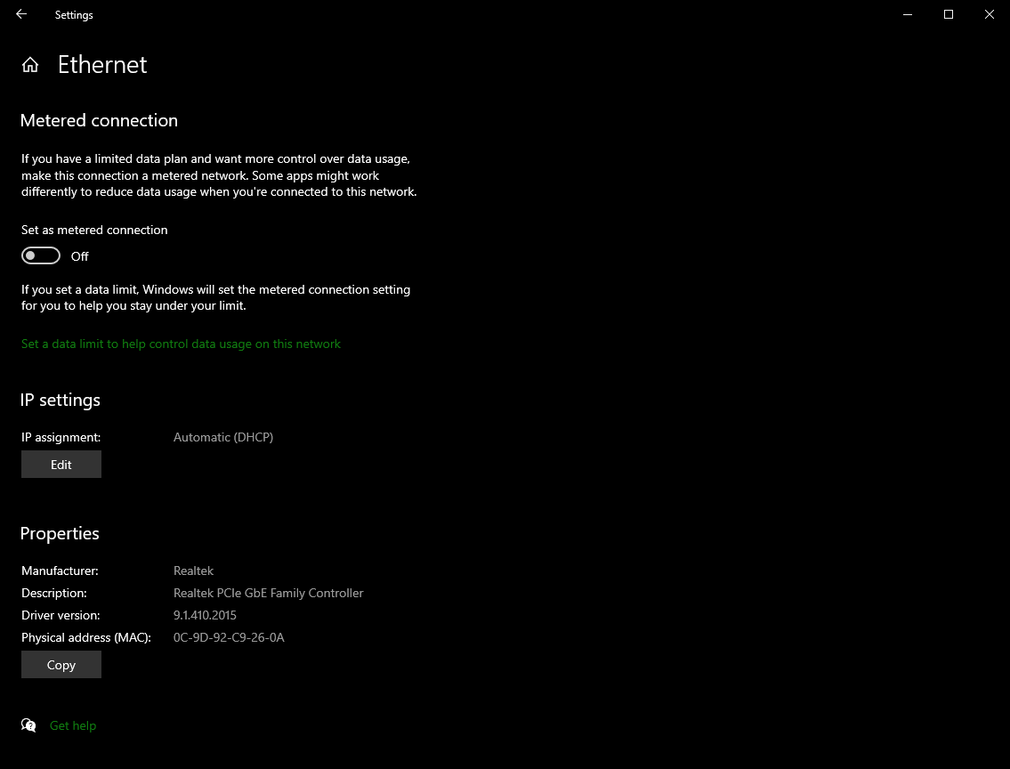Windows 10 image of the adapter setting